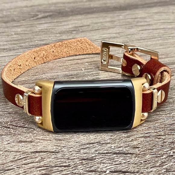 Brown Grain Leather Slim Strap Gold Fitbit Charge 5 Band Women Jewelry Bracelet - Picture 1 of 8